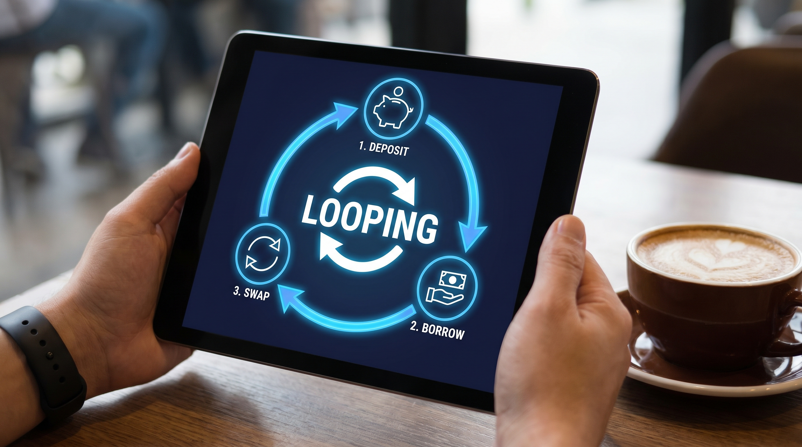 A circular lending flow showing deposit, borrow, swap, and deposit again.